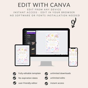 Puede incluir: Una maqueta digital que muestra una plantilla de invitaci&oacute;n personalizable para una fiesta con tem&aacute;tica de unicornio. La invitaci&oacute;n presenta un arco&iacute;ris, estrellas y un unicornio. El texto de la invitaci&oacute;n dice "A Magical Day Is On The Way!" La imagen tambi&eacute;n muestra una pantalla de computadora y una pantalla de tel&eacute;fono, ambas mostrando la misma plantilla de invitaci&oacute;n. El texto "Edit With Canva" se muestra en la parte superior de la imagen.