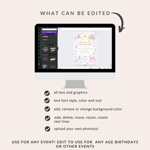 Puede incluir: Una pantalla de ordenador que muestra una plantilla de dise&ntilde;o digital para una invitaci&oacute;n de cumplea&ntilde;os. La plantilla presenta un arco&iacute;ris, unicornios y el texto "A magical day is on the way!" El texto "What can be edited" se muestra encima de la pantalla. Una lista de caracter&iacute;sticas editables se muestra debajo de la pantalla, incluyendo texto, gr&aacute;ficos, estilo de fuente, color, tama&ntilde;o, color de fondo, l&iacute;neas de texto y la posibilidad de subir fotos.