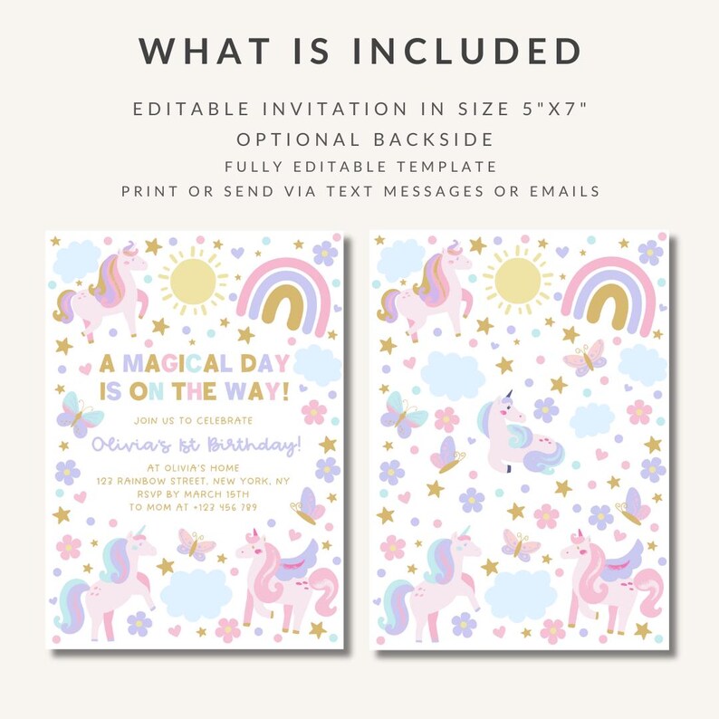 Puede incluir: Plantilla de invitaci&oacute;n editable para una fiesta de primer cumplea&ntilde;os con tem&aacute;tica de unicornio. El frente de la invitaci&oacute;n presenta un arco&iacute;ris, un sol, nubes, estrellas, mariposas y unicornios. El texto en el frente dice "A magical day is on the way!" y "Olivia's 1st Birthday!" La parte posterior de la invitaci&oacute;n presenta un patr&oacute;n repetitivo de unicornios, arco&iacute;ris, estrellas, mariposas y nubes.