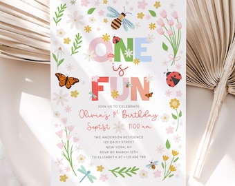 One is Fun Ladybug Birthday Invitation Editable Template