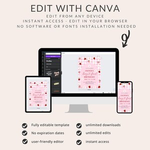 May include: A digital mockup showing how to edit a printable invitation for a first birthday party using Canva. The invitation features a pink and white gingham pattern with strawberries and the text "Olivia's Berry First Birthday". The text on the mockup reads "Edit with Canva", "Edit from any device", "Instant access - Edit in your browser", "No software or fonts installation needed", "Fully editable template", "No expiration dates", "User-friendly editor", "Unlimited downloads", "Unlimited edits", and "Instant access".