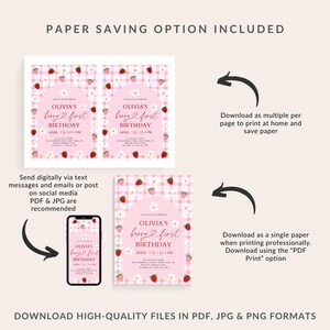 May include: A printable invitation for a first birthday party with a strawberry and gingham pattern. The invitation says "Olivia's Berry First Birthday" and includes the date and time of the party. The invitation is available in PDF, JPG, and PNG formats.