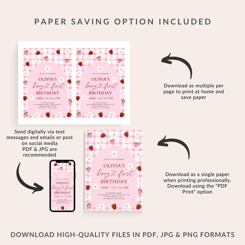 May include: A printable invitation for a first birthday party with a strawberry and gingham pattern. The invitation says "Olivia's Berry First Birthday" and includes the date and time of the party. The invitation is available in PDF, JPG, and PNG formats.