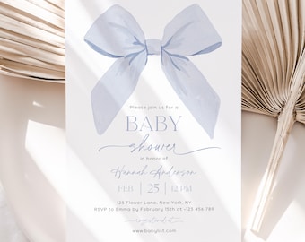 Blue Bow Baby Shower Invitation: Printable Template (5x7 in)