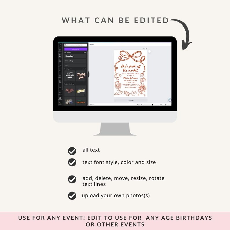 May include: A computer screen displaying a digital invitation template with the text "She's fresh off the market" in a copper-colored font. The invitation features a hand-drawn illustration of a bouquet of flowers and fruits. The text "What can be edited" is displayed above the computer screen, with a list of editable features below.