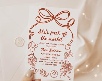 She&#39;s Fresh Off the Market Bridal Shower Invitation, Hand Drawn Farmers Market Invite, Off the Market Bridal Shower Invitation