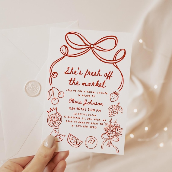 Fresh Off the Market Bridal Shower Invitation, Hand Drawn Farmers Market Invite, She's Off the Market Bridal Shower Invitation
