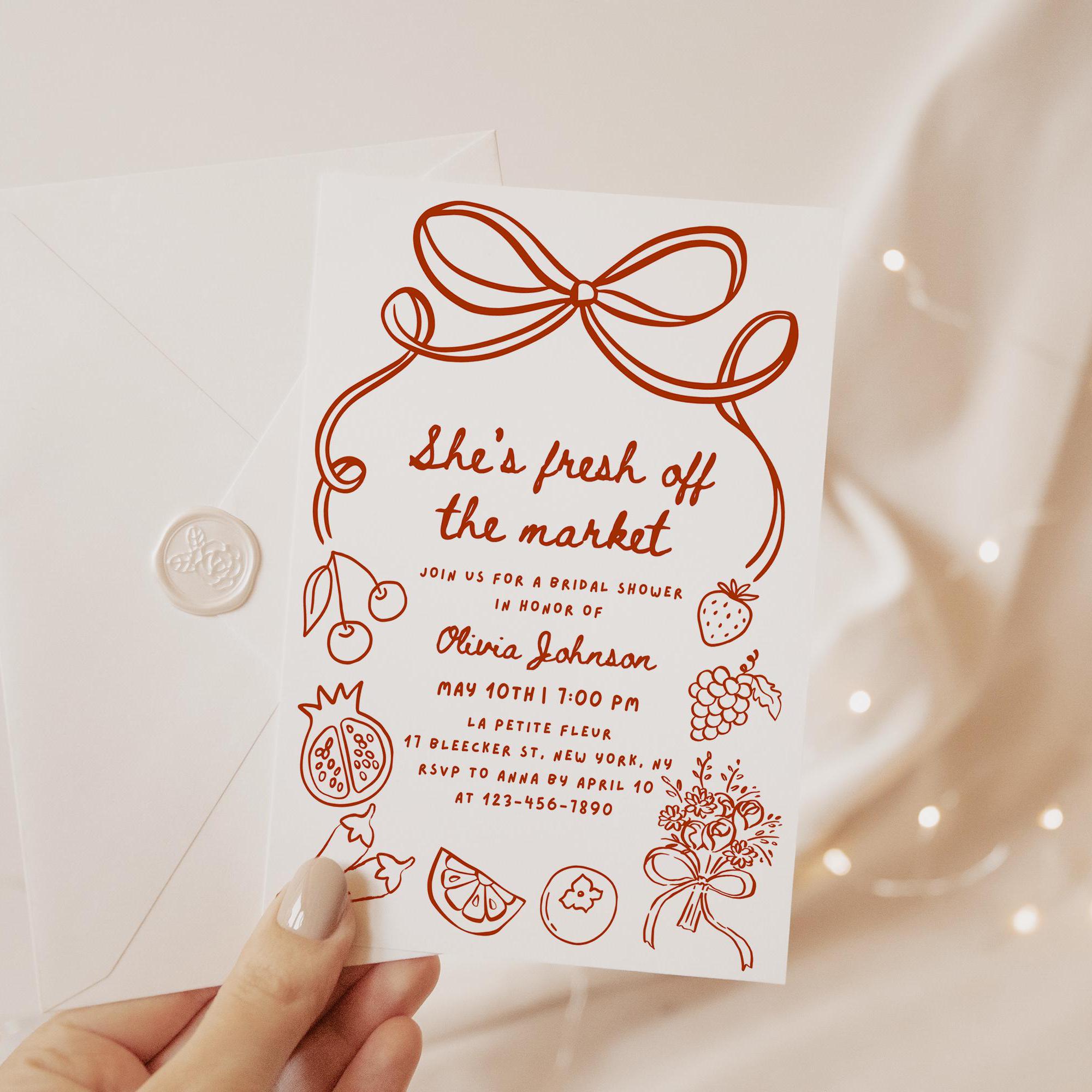 Fresh Off the Market Bridal Shower Invitation, Hand Drawn Farmers Market Invite, She's Off the Market Bridal Shower Invitation