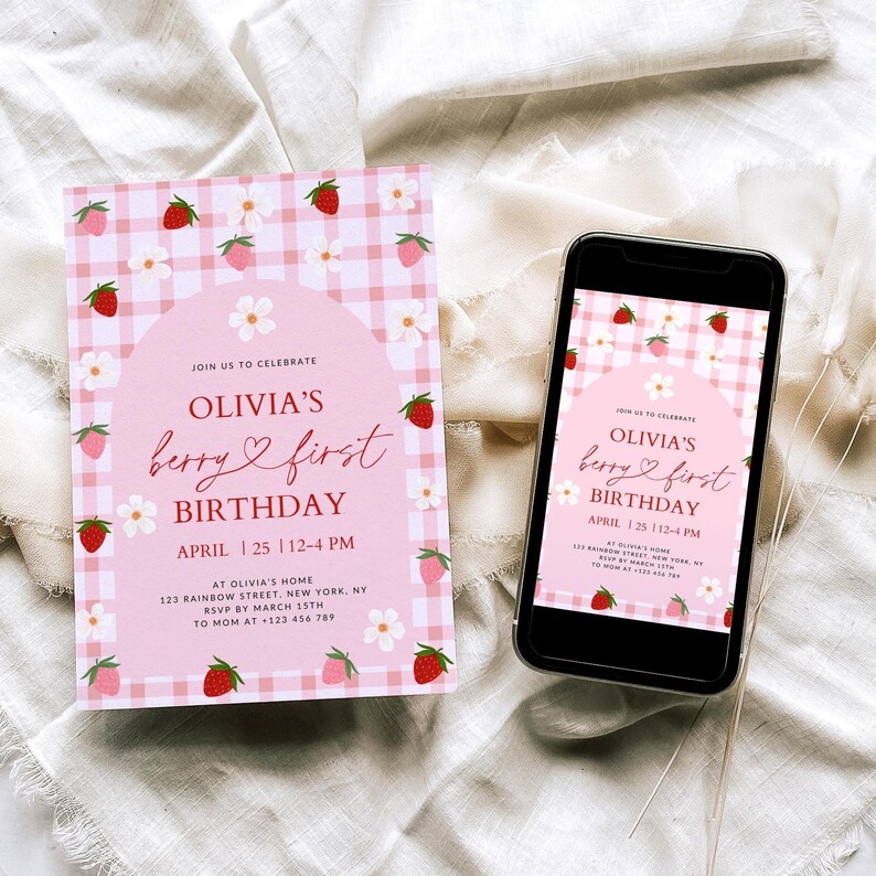 Strawberry Birthday Invitation: Pink Gingham Berry First Invite (Digital Download) image 1