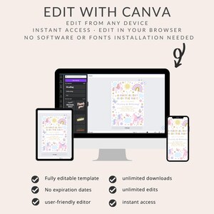 Puede incluir: Una maqueta digital que muestra una plantilla de invitaci&oacute;n personalizable para una fiesta con tem&aacute;tica de unicornio. La invitaci&oacute;n presenta un arco&iacute;ris, estrellas y un unicornio. El texto de la invitaci&oacute;n dice "A Magical Day Is On The Way!" La imagen tambi&eacute;n muestra una pantalla de computadora y una pantalla de tel&eacute;fono, ambas mostrando la misma plantilla de invitaci&oacute;n. El texto "Edit With Canva" se muestra en la parte superior de la imagen.