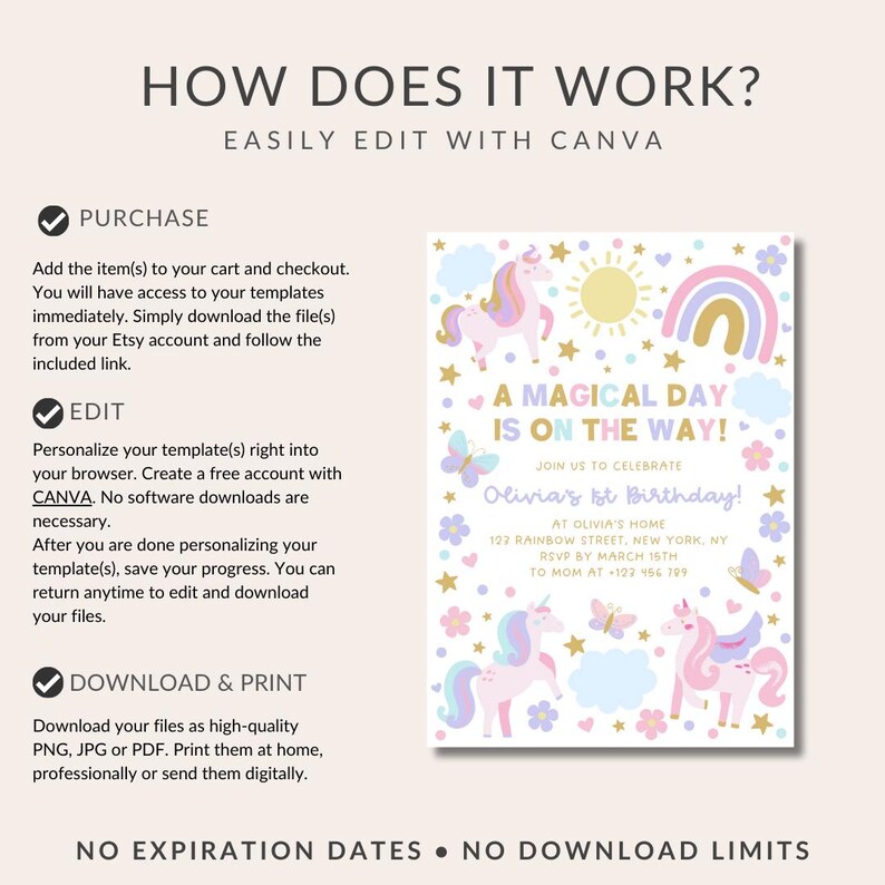 Puede incluir: Una invitaci&oacute;n imprimible para una fiesta de primer cumplea&ntilde;os con tem&aacute;tica de unicornio. La invitaci&oacute;n presenta un unicornio rosa con un arco&iacute;ris, estrellas y flores. El texto de la invitaci&oacute;n dice "A Magical Day Is On The Way!" y "Olivia's 1st Birthday!"