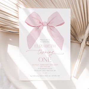 Pink Bow 1st Birthday Invitation: Coquette Party Template (Printable)