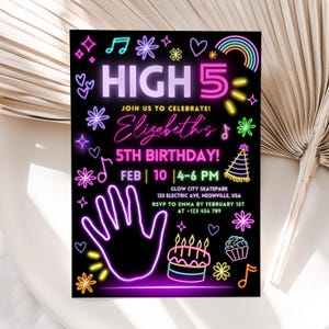 High Five Geburtstagseinladung, Glow Party einladen, 5. Geburtstag Partyeinladung, Neon einladen, Glow Party Einladung, fünfter Geburtstag einladen