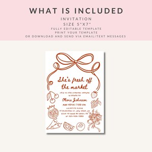 May include: A red and white bridal shower invitation with a hand-drawn illustration of a bow and various fruits and vegetables. The text reads "She's fresh off the market" and includes the bride's name, date, time, and location.