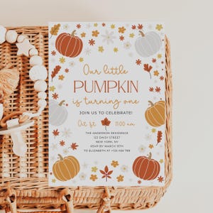 Pumpkin 1st Birthday Invitation: Fall Leaves, Editable Canva Template (Digital Download)
