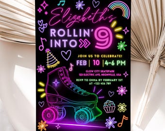 Editable Roller Skates Birthday Invitation, Glow Roller Skating Party Invite, Neon Skate Party Invitation, Rainbow Glow Roller Skate Invite