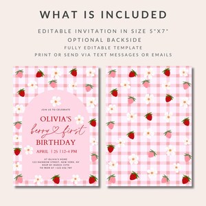 May include: Printable invitation for a first birthday party with a pink and white gingham pattern and strawberries. The text reads "Join us to celebrate Olivia's berry & first birthday, April 25 12-4 PM".
