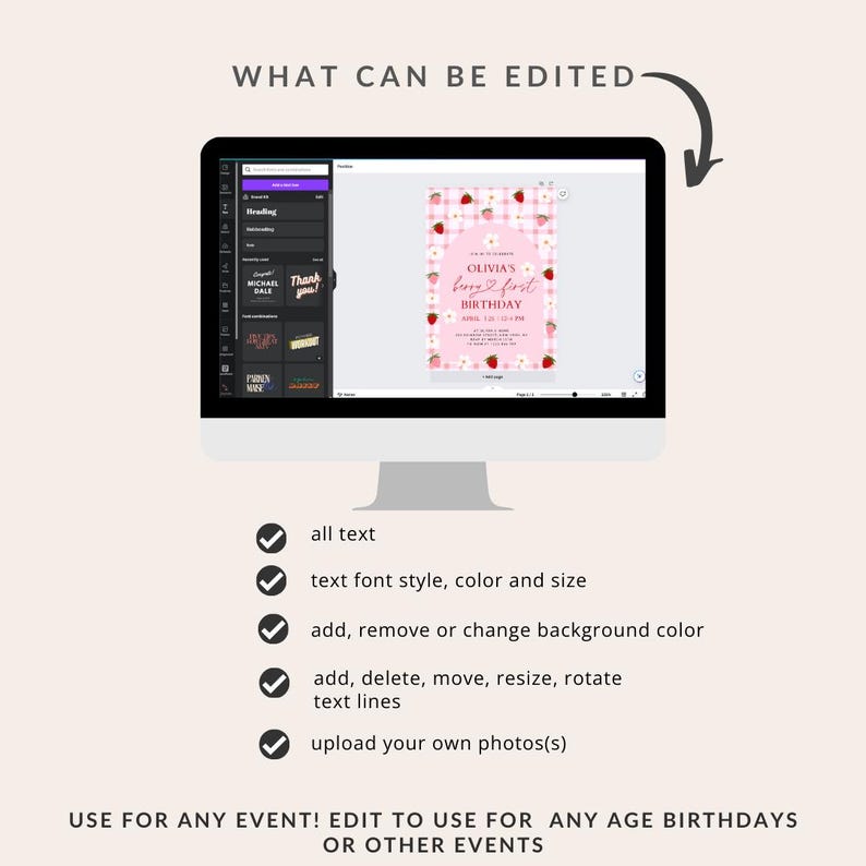 May include: A computer screen displaying a pink and white birthday invitation template with strawberries and gingham print. The text on the invitation reads "Olivia's First Birthday". The screen also shows a menu of editing options, including text, font, color, and background.