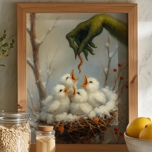 Dibujo de un gruñón navideño vintage divertido que robó la Navidad, bebé, nieve, pájaros, nido PNG, pintura al óleo vintage imprimible, arte de pared, decoración navideña para el hogar