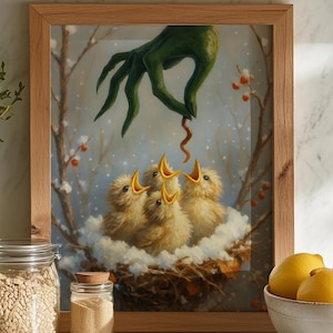 Nido de invierno vintage con pajaritos PNG, pintura al óleo imprimible, Grouch Stole, personaje de dibujos animados navideños, descarga de arte, divertida decoración navideña de extraterrestres.