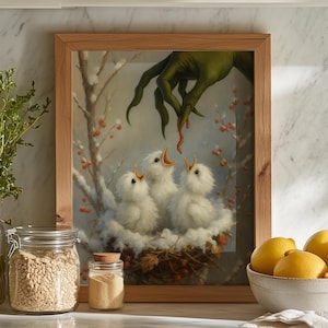 Dibujos animados divertidos de Navidad de estilo vintage, gruñón robó la Navidad PNG, pájaros de nieve bebé vintage, pintura al óleo, nido de invierno, arte de pared imprimible, descarga