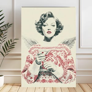 May include: Art print of a woman with angel wings, wearing a red and white patterned sweater, holding a cocktail. The artwork has a vintage aesthetic with a neutral background. The print is displayed in a room with a potted plant.