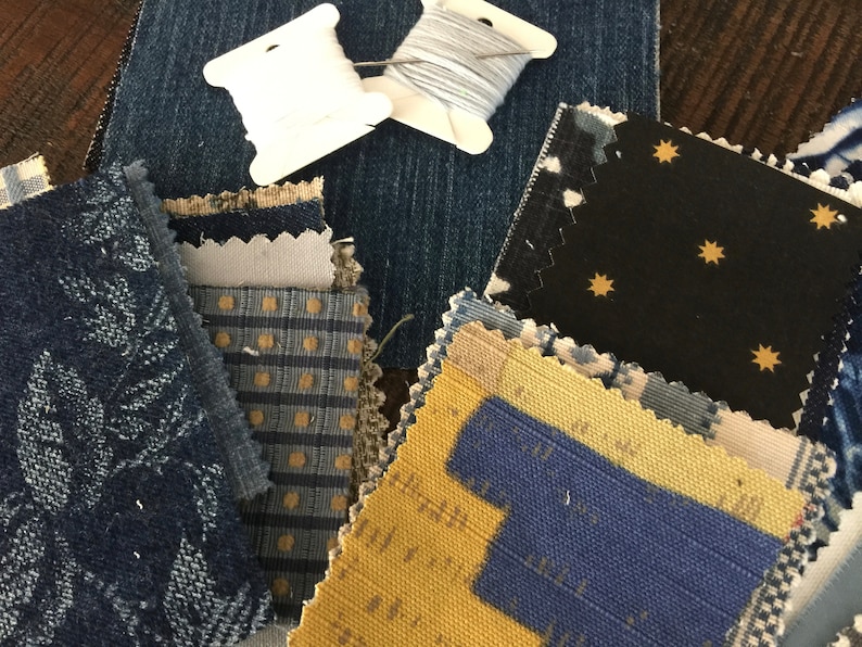 Individual Fabric Pieces Embroidery Thread Needle Blue Sewing Craft DIY Boro Sashiko Inspired Slow Stitch Complete Easy Patch Making Kit 30