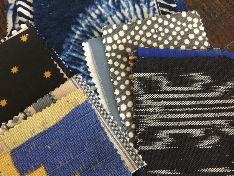 Individual Fabric Pieces Embroidery Thread Needle Blue Sewing Craft DIY Boro Sashiko Inspired Slow Stitch Complete Easy Patch Making Kit 30