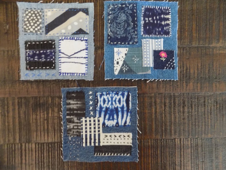 Individual Fabric Pieces Embroidery Thread Needle Blue Sewing Craft DIY Boro Sashiko Inspired Slow Stitch Complete Easy Patch Making Kit 30