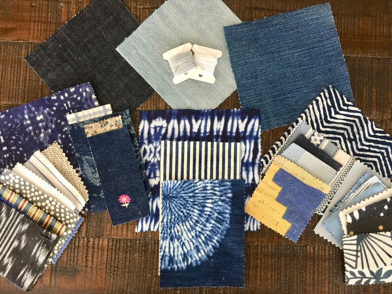 Individual Fabric Pieces Embroidery Thread Needle Blue Sewing Craft DIY Boro Sashiko Inspired Slow Stitch Complete Easy Patch Making Kit 30