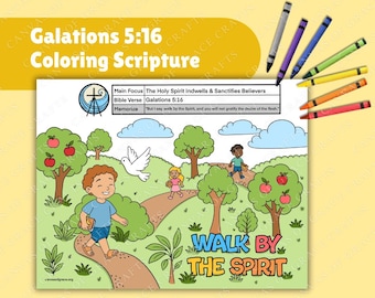 Puede incluir: Una página para colorear con el texto "Gálatas 5:16 Escritura para colorear" y "Camina por el Espíritu". La ilustración muestra niños, árboles y una paloma. Los lápices de colores están colocados alrededor.
