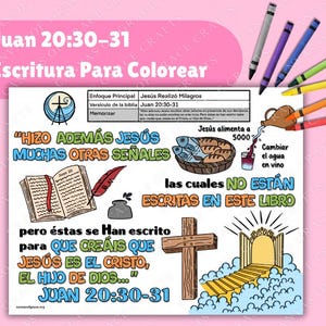 Jesús Realizó Milagros Juan 20:30-31 Spanish Coloring Page Versículo Bíblico para Imprimir en PDF | Actividades para Niños