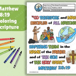 Könnte beinhalten: Eine Malvorlage mit einer bunten Illustration von Jesus, der seine Jünger unterrichtet. Der Text "GO THEREFORE and MAKE DISCIPLES of ALL NATIONS, BAPTIZING THEM in the NAME of the FATHER and of THE SON and of THE HOLY SPIRIT" MATTHEW 28:19 ist enthalten.