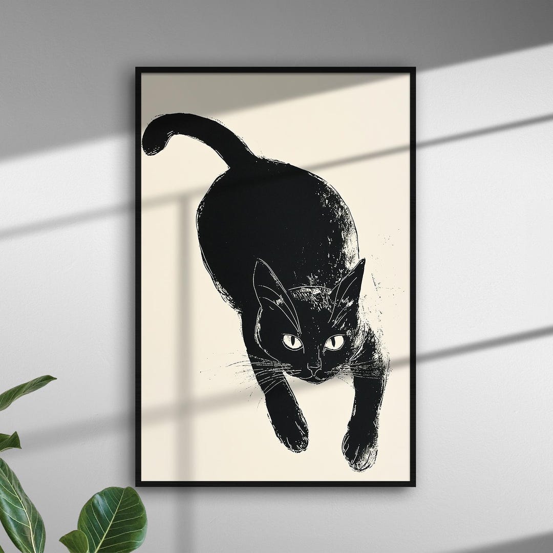 Minimalist Black Cat Line Art Print: Modern Monochrome Wall Decor ...