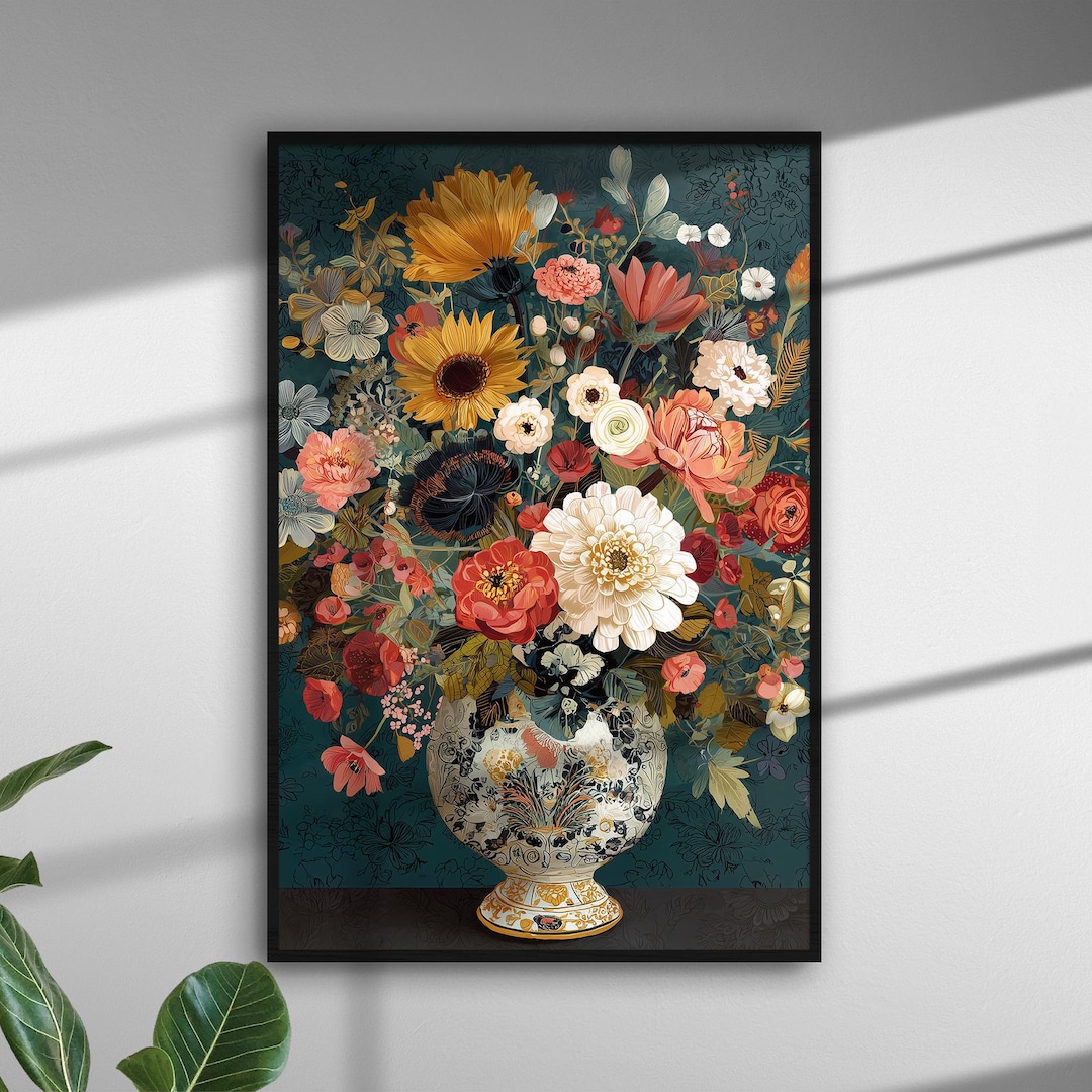 Maximalist Floral Vase Art Print – Bold Botanical Wall Decor, Colorful ...