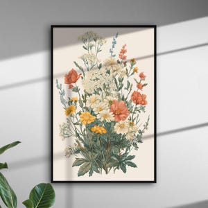 Vintage Wildflower Botanical Art Print – Cottagecore Floral Wall Decor, Soft Pastel Flower Illustration, Nature-Inspired Home Art