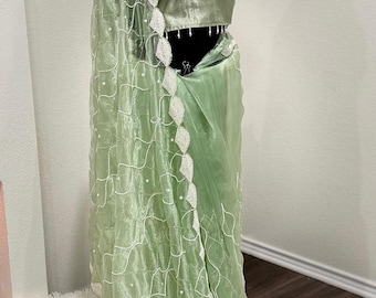 Designer Organza Saree with Heavy Pearl & Cutdana Hand Embroidery and Stitched Blouse