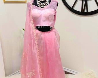 Organza Saree with Pearl Craft and Traditional Leaf & Diya Design