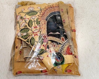 Kalakari Art Zari Kota Saree: Handloom Indian Krishna Motif with Stitched Blouse