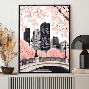 New York Poster - Central Park Print, Cherry Blossom Digital Art, Pink City Wall Art, Manhattan Skyline, NYC Landscape, NYC Wall Art