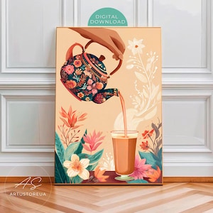 Chai-väggkonst, bohemisk indisk tekannaposter, färgglad hällning av te i glas, livfull botanisk köksdekor, digital nedladdning
