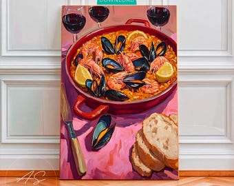Spain Paella Poster, Seafood Kitchen Print, Mediterranean Wall Art, Barcelona Food Painting, Spanish Dinner Decor, Seafood Restaurant Gift