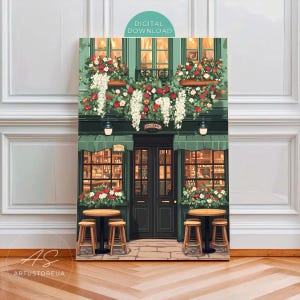 Irish Pub Digital Art, Green Storefront Print, European Bar Poster, Floral Tavern Decor, British Pub Terrace Image, Watercolor Download