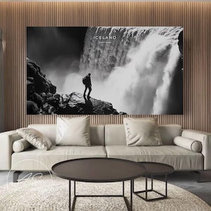 Iceland Poster - Iceland Black White Waterfall Art Print Iceland Minimalist Nature Scene Iceland Monochrome Nature Photography Nordic Art