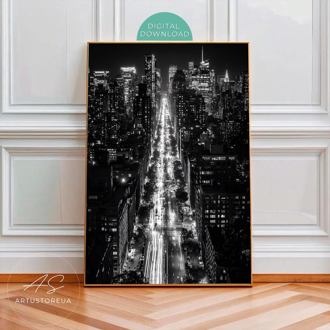 New York City Night Skyline Print, Black and White Manhattan Cityscape ...