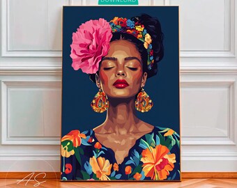 Mexican Woman Print, Latina Portrait Poster, Flower Crown Wall Art, Colorful Female Painting, Decor, Digital Download