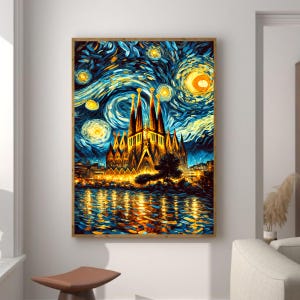 Barcelona Print – Sagrada Familia Starry Night – Van Gogh Inspired Swirling Sky Painting, Barcelona Cityscape Gothic Architecture Poster