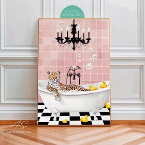 Funny Animal Bath Print, Leopard in Bathtub Poster, Pink Bathroom Wall Art, Coquette Decor, Digital Download