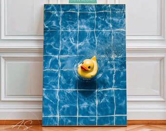 Rubber Duck Swimming Pool Poster, Cute Yellow Duck Wall Art, Summer Poolside Print, Minimalist Bath Decor, Digital Download