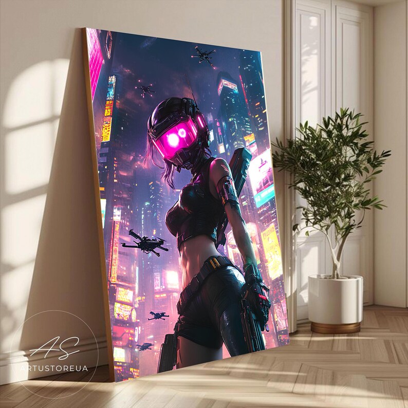 Cyberpunk Girl Digital Print, Neon City Wall Art, Futuristic Woman ...